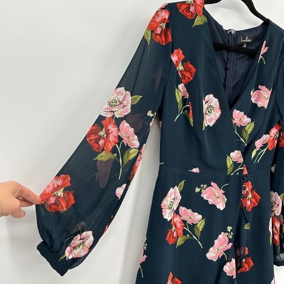 LULUS In Full Bloom Navy Blue Floral Print Long Sleeve Mini Dress Size Small - Picture 7 of 11
